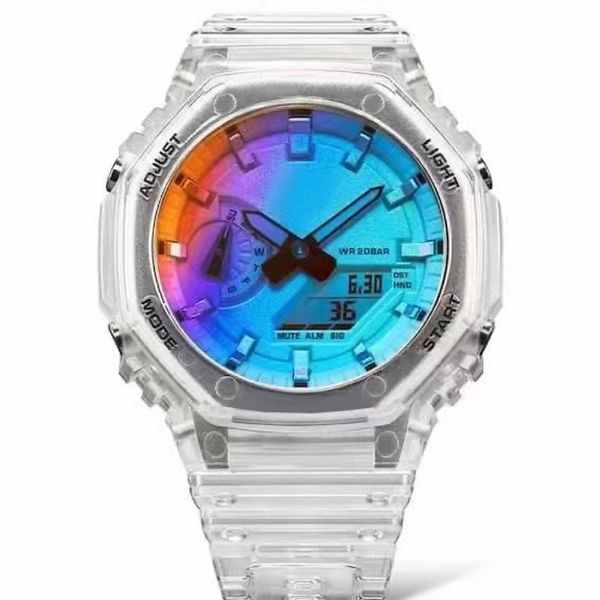 Orologio da uomo al quarzo digitale sportivo a colori trasparenti 2100 Orologio a LED con alzata automatica della mano, con funzionalità complete, ora mondiale, serie GD Oak