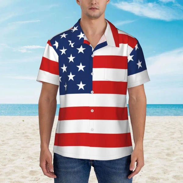 Camisas casuais masculinas bandeira americana camisa havaiana masculina praia 4 de julho azul listra vermelha y2k design de rua vintage blusas de grandes dimensões