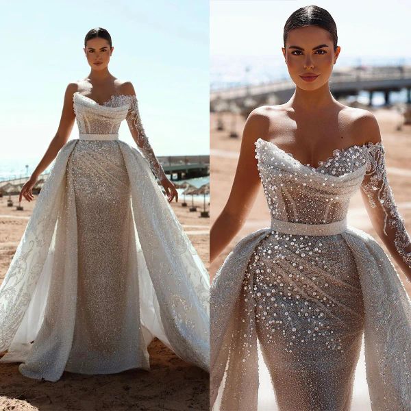 Abito da sposa classico Abiti da sposa sirena con spalla con abiti da sposa illusione perle staccabili spazzano il treno personalizzato.