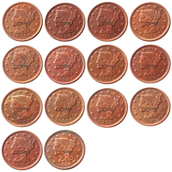 ABD Paraları Tam Set 18391852 14 PCS Seçme Örgülü Saçlar için Farklı Tarihler Büyük Centler 100 Bakır Kopyalama Coins313E