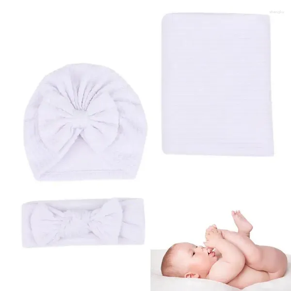 Одеяла для новорожденных, нейтральный комплект для младенцев, мягкое детское пеленание, однотонное, с шапкой и повязкой для волос