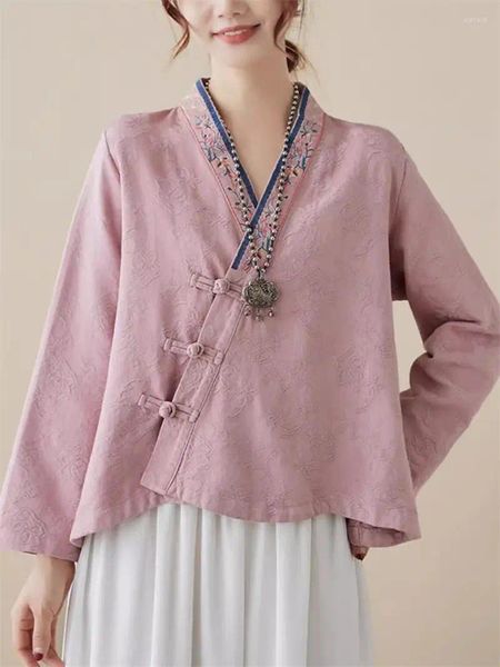 Damenjacken Retro bestickter Knopf Baumwolle Leinen Hemd Top für 2024 Frühling Herbst Chinesischer Stil Verbesserte Hanfu Strickjacke Mantel K207