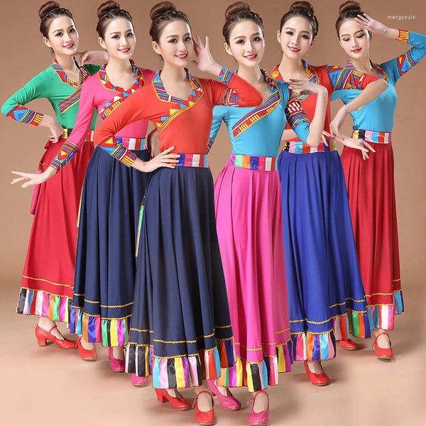 Set di abbigliamento da palco di costumi di danza tibetana Gonna lunga in stile etnico per donne adulte divisa in due pezzi