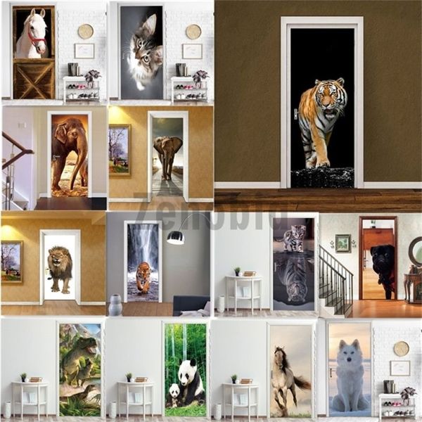 Animal pvc papel de parede auto adesivo 3d porta adesivo tigre cavalo elefante panda mural removível decoração para casa decalque diy deur adesivo 21245o