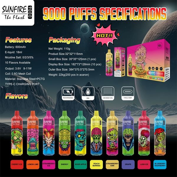 Frankreich Sunfire 9000 Puffs Einweg -Zigaretten -Gerät wiederaufladbare Batterie 18ml -Karren Vorgefüllte Schoten Vape Big Puff 9k 10k 12k gegen RNM Vapes 9000 10000 12000 Puffs