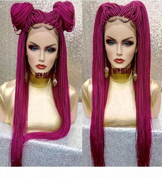 2019 Nuove parrucche intrecciate rosa rosse con capelli del bambino Scatola lunga Trecce Parrucche Glueless Parrucche anteriori in pizzo sintetico per donne nere Resistenza al calore7754824