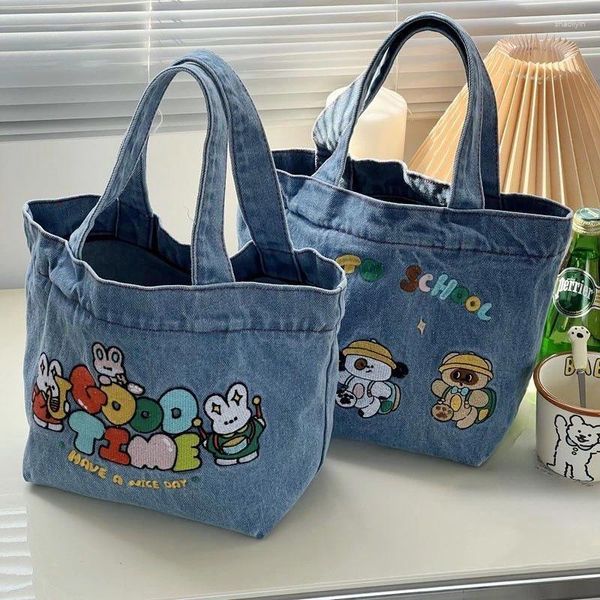 Sacos de noite MBTI Bonito Bordado Mulheres Bolsa Denim Kawaii Cartoon Estudante Almoço Bolsa de Ombro Estilo Japonês Pequeno Casual Meninas Balde