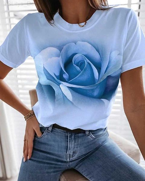 T-shirt das mulheres Boutique Rose Flower Graphic Camiseta Moda Tendência Womens Short Sle Camisas Casual O-pescoço Solto Tees Streetwear L24312