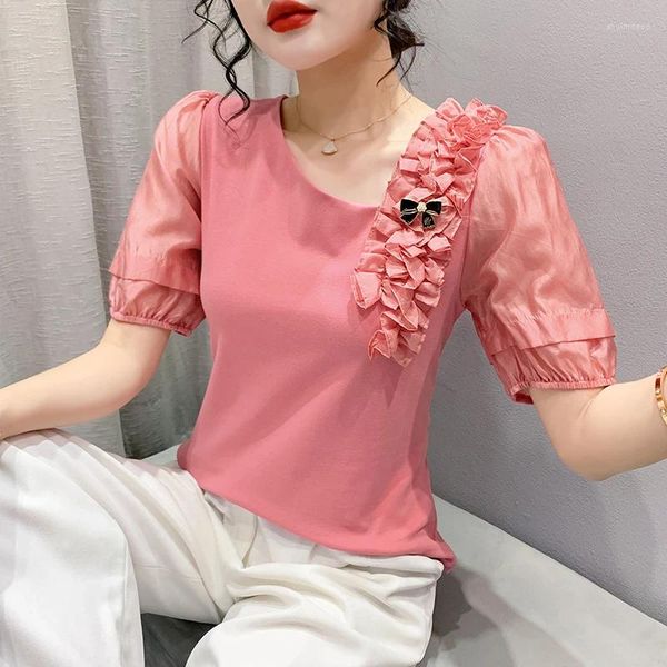 Mulheres Camisetas 2024 Verão Coreano Roupas T-shirt de Algodão Chic Sexy Skew Collar Ruffles Bowknot Mulheres Tops Manga Curta Todos os Match Tees