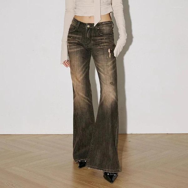 Jeans femininos americanos vintage cintura alta mulheres design reto streetwear moda coreana inverno elástico calças jeans flare calças