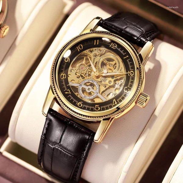 Armbanduhren ORKINA Vintage Herrenuhren Männer Skeleton Uhr Lederband Goldgehäuse Top Automatische mechanische Armbanduhr