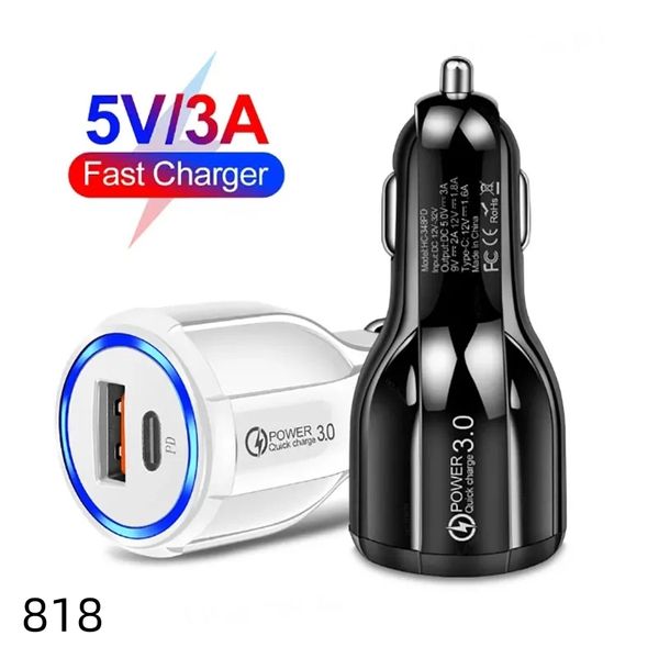 Carregadores 18W QC3.0 USB Phone 3A Adaptador de tomada de energia PD Tipo-C Carregador de carro rápido para Xiaomi Samsung iPhone 13 12 11Pro 818DD