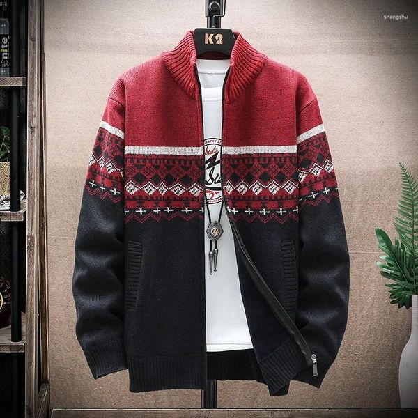 Camisolas masculinas inverno vintage grosso quente cardigan outono harajuku padrão de malha camisola masculina casual com capuz velo outerwear sweatercoat