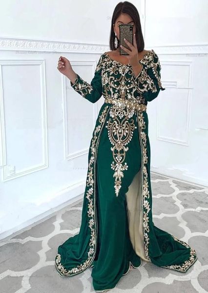 Grüner marokkanischer Kaftan, formelle Abendkleider 2021, Gold-Spitze-Applikationen, Perlenstickerei, Übergröße, Dubai-Party-Kaftan-Kleider nach Maß 6956680