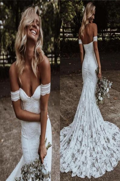 Abito da sposa a sirena bohémien 2021 con spalle scoperte Abiti da sposa in cotone all'uncinetto in pizzo Paese Boho Beach Abiti da sposa3186662