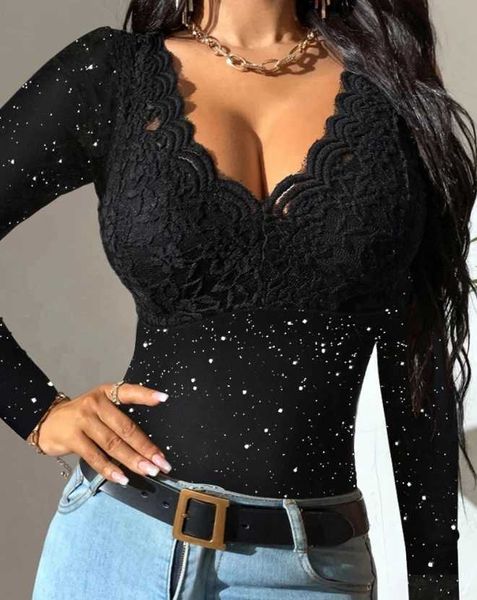 Blusas femininas camisas blusa para mulheres magro decote em v profundo camiseta 2023 sexy vieira guarnição renda retalhos glitter flor bordado camisa transparentel24312