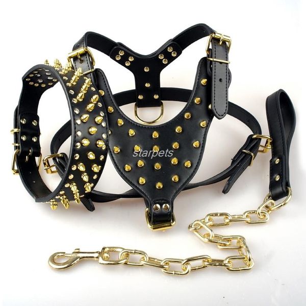 Schwarze, mit Spikes versehene Hundehalsbänder aus Leder für Hunde und Pitbulls, Brustumfang 26–34 cm, Halsband-Leine-Set für mittelgroße und große Hunde, 338 W