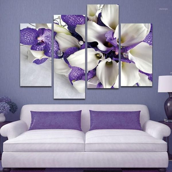 Dipinti Conisi Stampa 4 Pannelli ViolaBianco Iris Su Tela Poster Nordic Floreale Wall Art Pittura Home Decor Per Camera Da Letto Decorati264H