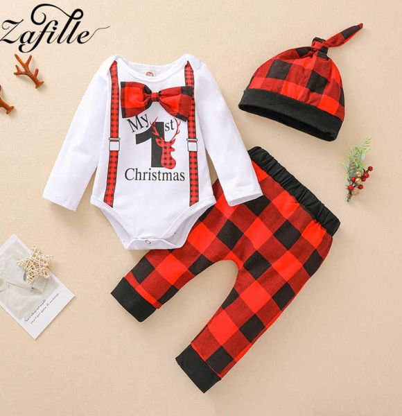 Zafille minhas primeiras roupas de natal para bebê menino conjunto e chapéu natal cervos macacão xadrez calças bebê menino traje de natal 2109275983799