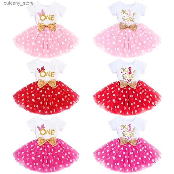 Kız Elbiseleri 1-2y Doğum Günü Partisi Elbise Polka Dot Cake Crush Elbise Özel harflerle Baskı ve Pırıltılı Sequin Bowknot Fotoğraf Planları L240313