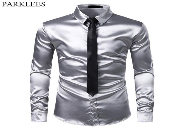 2 pezzi camicia di seta argento cravatta da uomo camicie da smoking in raso liscio casual button down uomo camicie eleganti festa di nozze prom chemise homme Y29462117