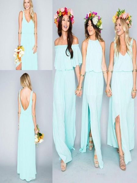 Abiti da damigella d'onore verde menta bohémien da spiaggia 2020 Abiti da damigella d'onore semplici misti in chiffon con spacco laterale Boho Campagna personalizzati economici Bridesmai1496340