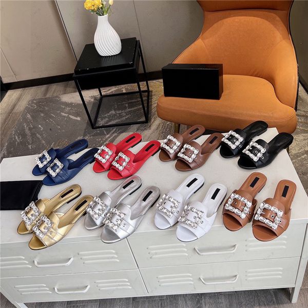 2024 Neueste HOHE Qualität flache Hausschuhe Sandalen Frauen Marke Designer Quadrat Kristall Echtes Leder Mode Metallschnalle Sandalen Party Schuhe Kleid Schuhe große Größe