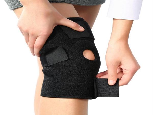 Schwarze Outdoor-Kniebandage aus atmungsaktivem Nylon und Neopren für aktive Kleidung, verstellbarer 3-Riemen-Verschluss, ultimativer Schutz267z6422929