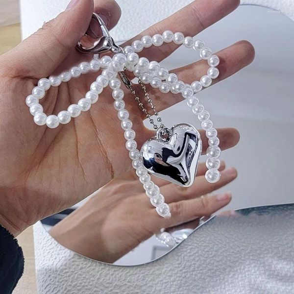 Portachiavi Portachiavi con ciondolo a cuore Portachiavi coreano con fiocco di perle dolci Y2K Portachiavi estetico per accessori per borse per ragazze