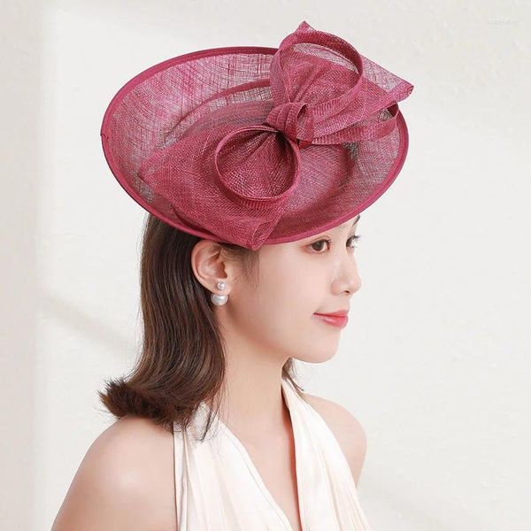 Berretti 2024 Copricapo di lino elegante da donna all'ingrosso, ballo di banchetto, moda, accessori per capelli, cappello a cilindro rosa