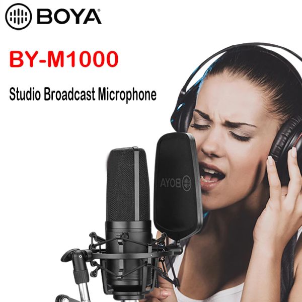 Microfones Boya Bym1000 Microfone de diafragma grande Filtro Lowcut Microfone condensador cardióide para transmissão de estúdio ao vivo Vlog Video Mic