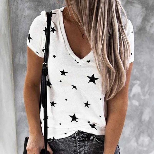 Damen-T-Shirt, modisches Damen-T-Shirt, Stern, V-Ausschnitt, bedruckt, Fe-Kleidung, Streetwear, lustiges T-Shirt für Mädchen, neues Harajuku-Top, T-Shirt 2023, L24312