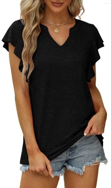 Frauen T-Shirts Solid V-Ausschnitt Sexy Kurzarm T-Shirt 2024 Frühlings-/Sommer Frisch süße süße Rüschenkante Frauen Tops S-XXL