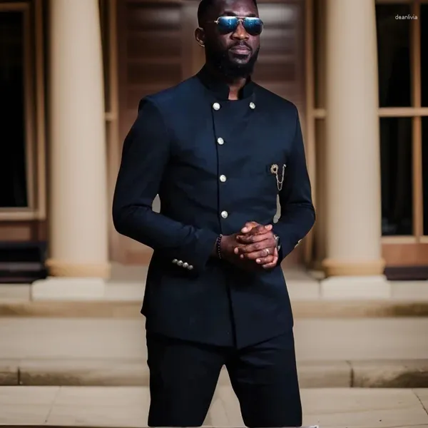 Ternos masculinos moda africana para homens com gola de casamento noivo smoking 2 pçs fino ajuste jaqueta calças 2024 feito sob encomenda