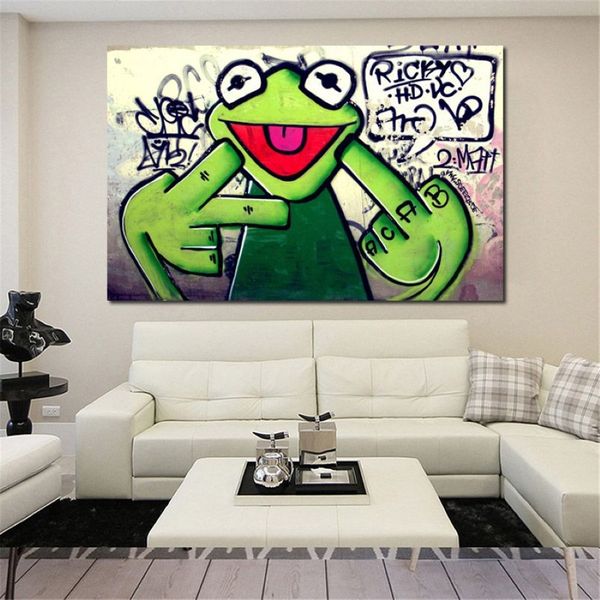 Tuval boyama sokak grafiti sanat kurbağası Kermit parmak poster baskı hayvan yağlı boya duvar resimleri oturma odası için framed349t