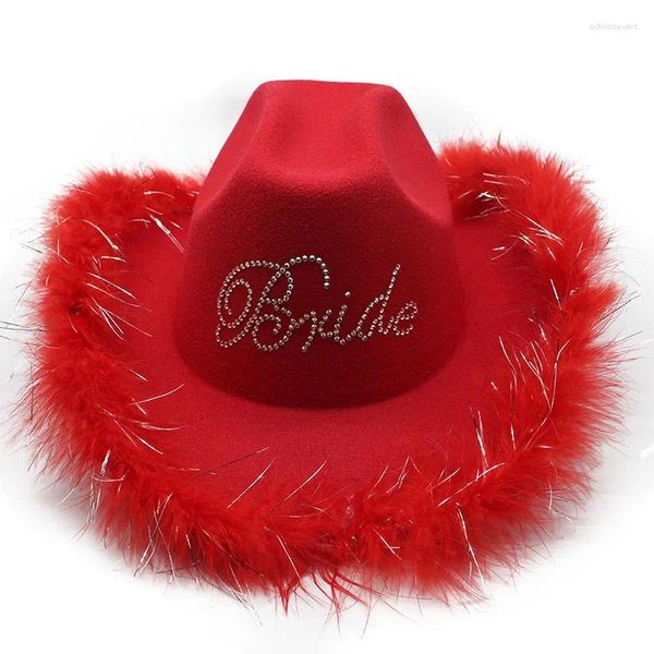Berretti Donna Piuma rossa Cappello da cowboy occidentale Cowgirl di alta qualità Festival di Natale Addio al nubilato Carnevale Cosplay Cappello