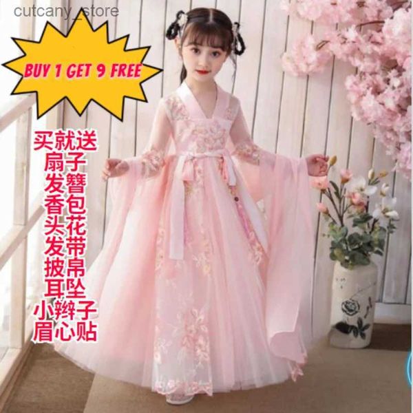 Mädchenkleider 2-10-14 Chinesisches Mädchen Hanfu-Kleid süße Kinder Fotografie Weihnachten Retro Kinder altes Fotoshooting-Kleid L240315