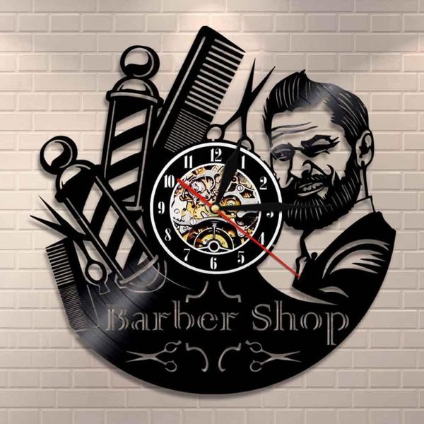Relógio de parede para barbeiro, poste de barbeiro, registro de vinil, relógio de parede, salão de beleza, ferramentas para cabelo, tesoura, arte de barbeiro, presente y205b