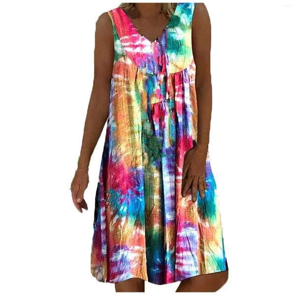 Casual Kleider Damen Boho Lose Gefaltete Frühling Sommer Strand Party Ärmelloses Midi Kleid Pullover Tank Sommerkleid Robe Femme