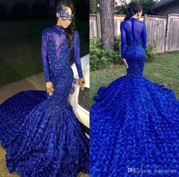 2021 Lusso Bella Royal Blue Sirena Abiti da ballo Corte dei treni Fiori Appliques Paillettes Eleganti abiti da sera formali del partito Cus4979543