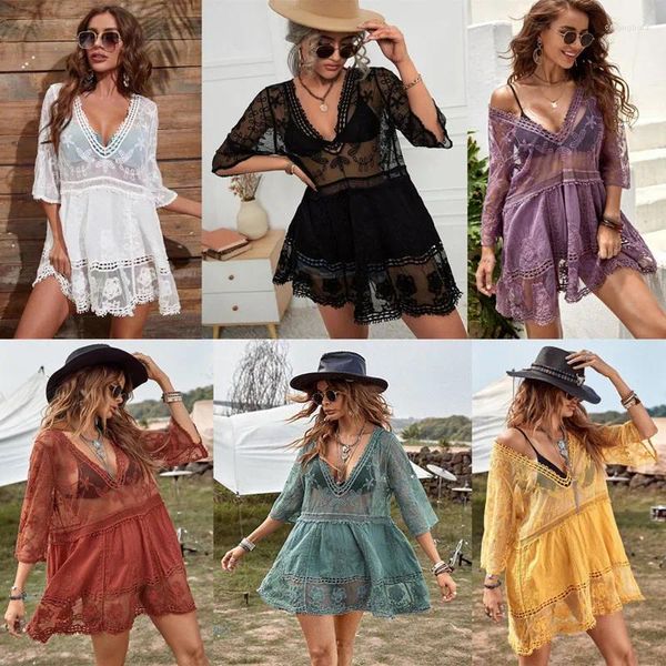 Mulheres Swimwear Verão Mulheres Beachwear Lace Bordado e Algodão Artificial Beach Cover Up Sexy Profundo V-Pescoço Sun Proteção Camisa Biquíni