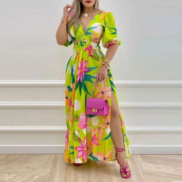 Летнее женское длинное платье с V-образным вырезом и разрезом в винтажном стиле с цветочным принтом