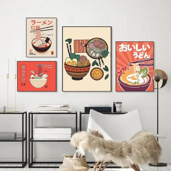 Gemälde Ramen Nudeln mit Eiern Leinwand Poster Japanische Vintage Sushi Essen Malerei Retro Küche Restaurant Wandkunst Dekoration 2815