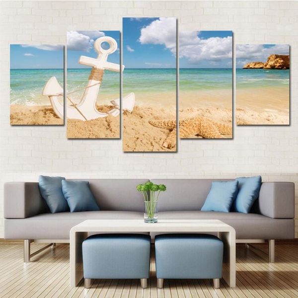 5 шт. Современная картина на холсте, настенное искусство для украшения дома, якорь с морской звездой на песчаном пляже, концепция летнего отдыха, пляж Seas274e