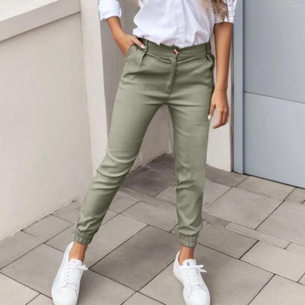 Женские брюки мода женщина повседневная стройная спортивная карманная кнопка Дизайн высокой талию твердые весенние летни