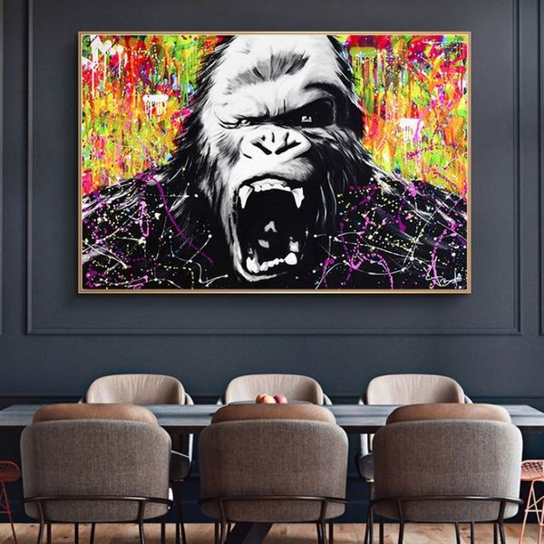 Abstrakte bunte Gorilla-Graffiti-Affen-Poster und Drucke, Leinwandgemälde, Wandkunst, Bilder für Wohnzimmer, Heimdekoration, N302I