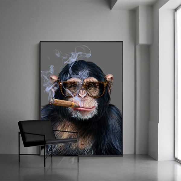 Macaco fumar cartazes gorila arte da parede fotos para sala de estar impressões animais moderna pintura em tela decoração casa pintura259s