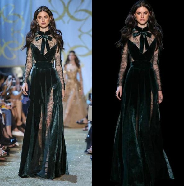 Elie Saab 2019 Samt-Abschlussballkleider, Stehkragen, lange Ärmel, günstige formelle Abendkleider, geteilte Spitze, appliziert, A-Linie, Partykleid 3378220