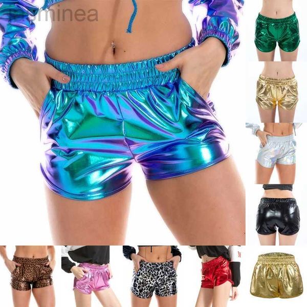 Damen-Shorts, glänzende metallische Shorts, Hosen, Leopardenmuster, Boxershorts, PU, glänzend, für Nacht, Party, Club, Kleidung, sexy, lockere Shorts mit Taschen, ldd240312