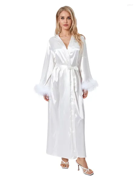 Damen-Nachtwäsche, Damen-Spa-Nachtmantel, Feder-Patchwork, langärmlig, leichter Kimono-Bademantel für weiche Pyjama-Loungewear-Nachtwäsche
